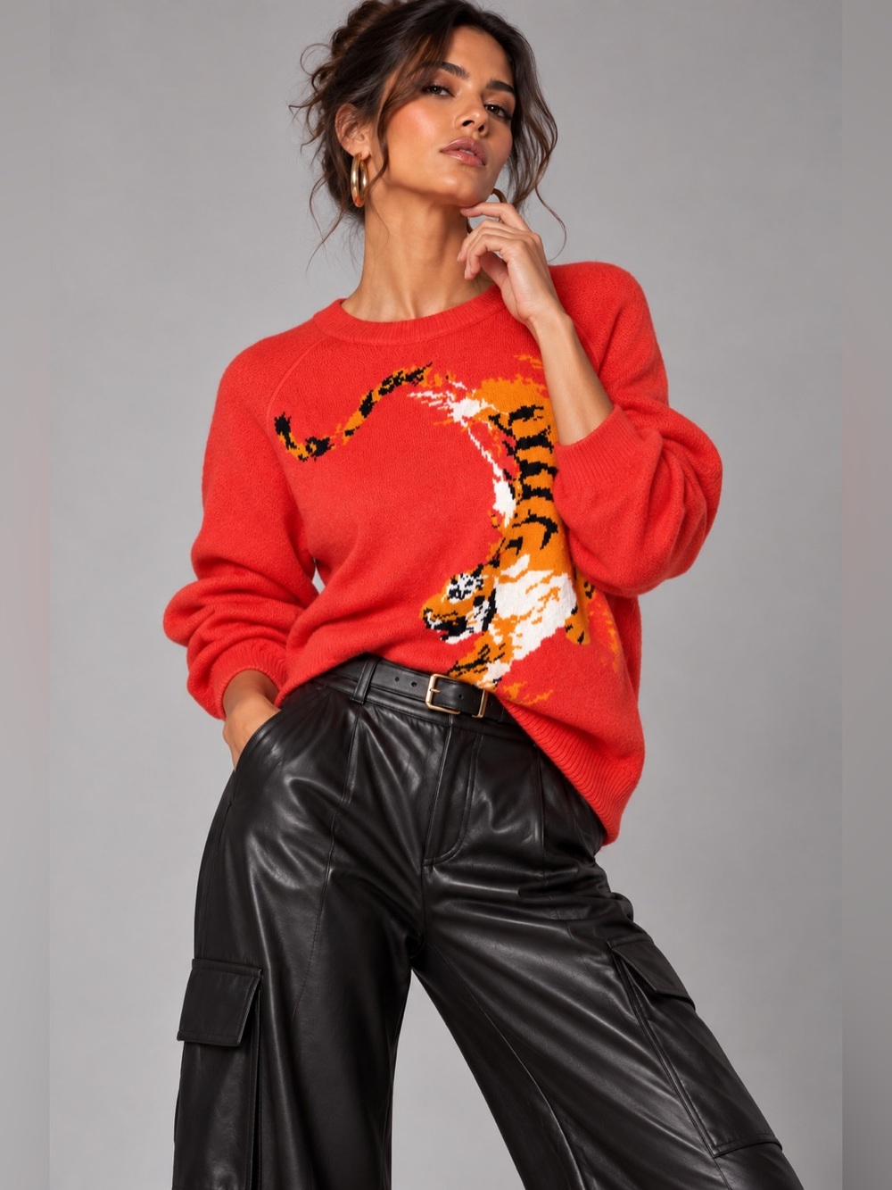 DG2 Diane Gilman L Tiger Sweater Orange SoftEase Knit Graphic NWT HSN